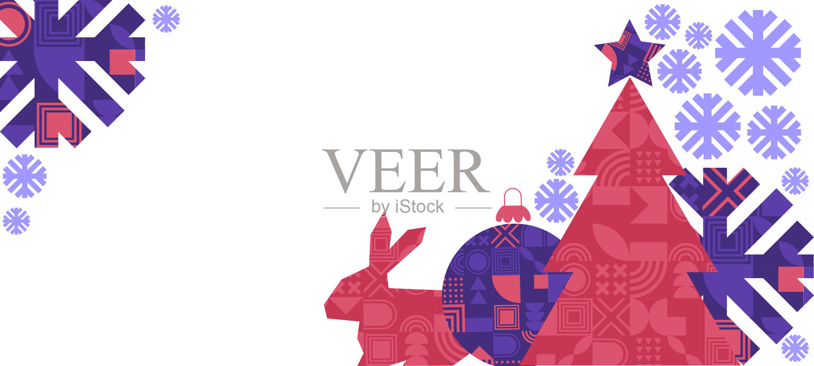 圣诞快乐和新年快乐的横幅。时髦的现代圣诞设计与抽象的几何元素，圣诞树，雪花，兔子，兔子。横向海报，贺卡，销售横幅网站插画图片素材