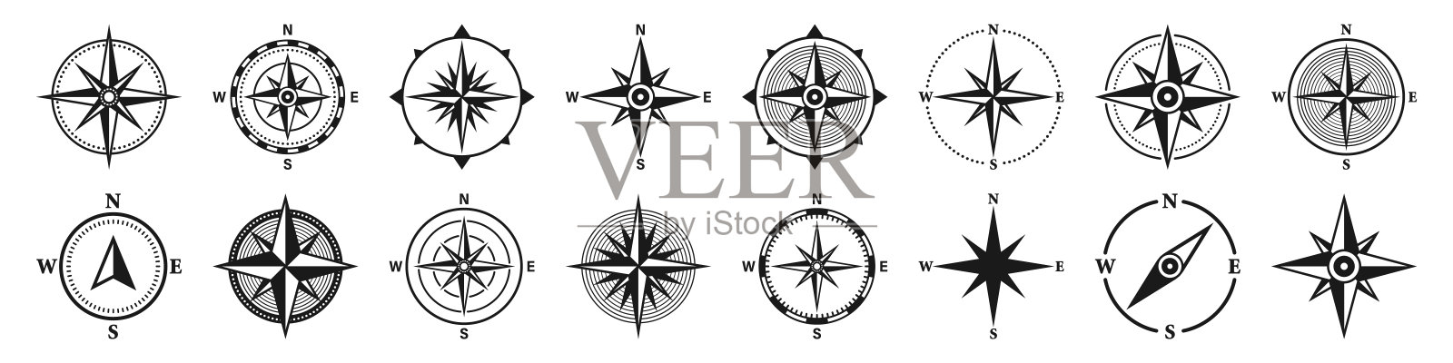 复古海上风起，海图。单色导航罗盘，具有北、东、南、西的基本方向。地理位置，制图和导航。矢量插图。设计元素图片