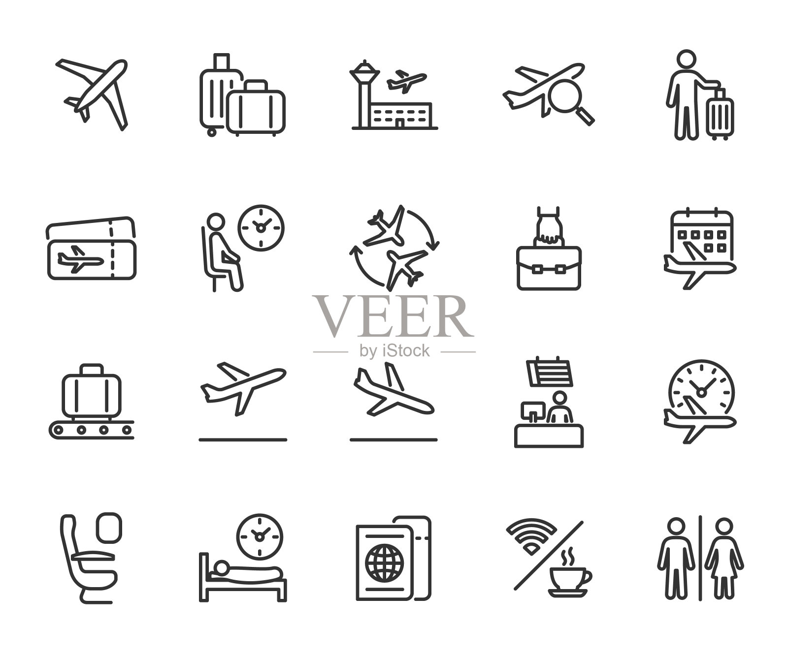 机场线图标的向量集。包含图标行李，离境，登机，机票，手提行李，候机室，转机，值机台等。像素完美。图标素材