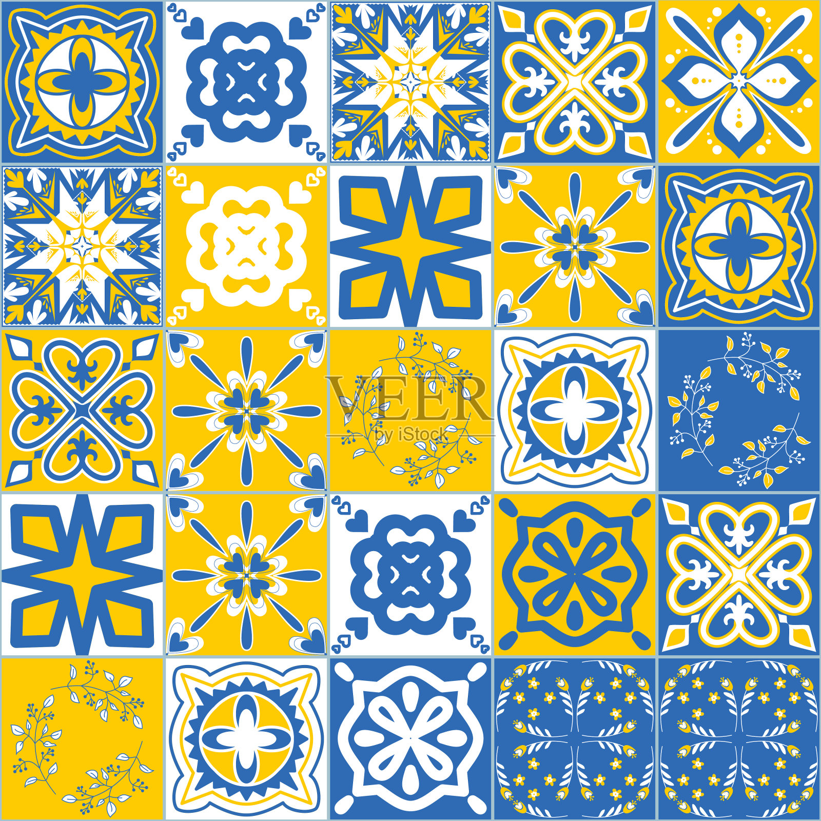 对比图案的装饰瓷砖在西班牙Azulejo风格，矢量插图的设计插画图片素材