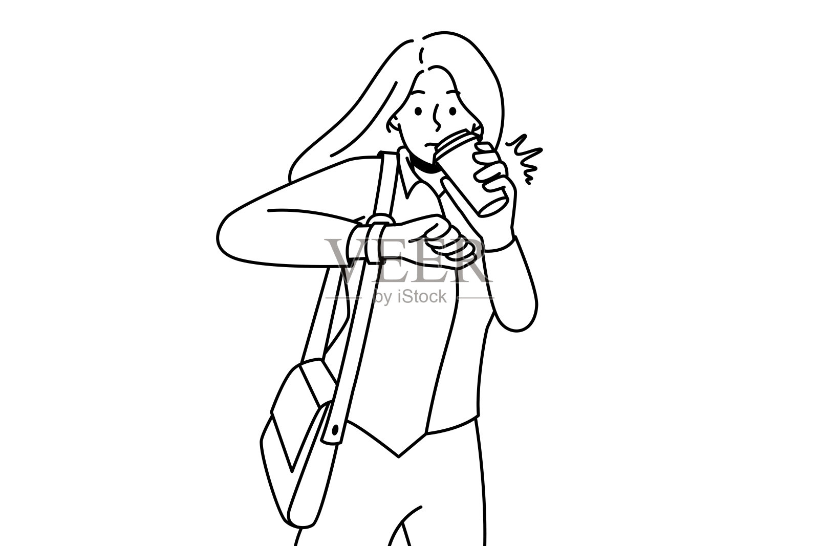 年轻女子喝咖啡检查时间插画图片素材