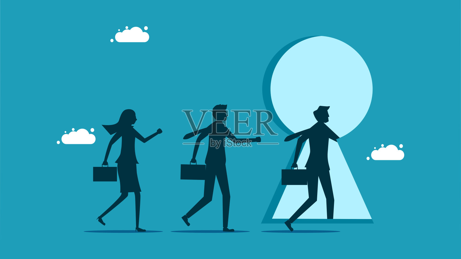踏入通往成功或新机遇的钥匙。一组商务人员进入锁眼门插画图片素材