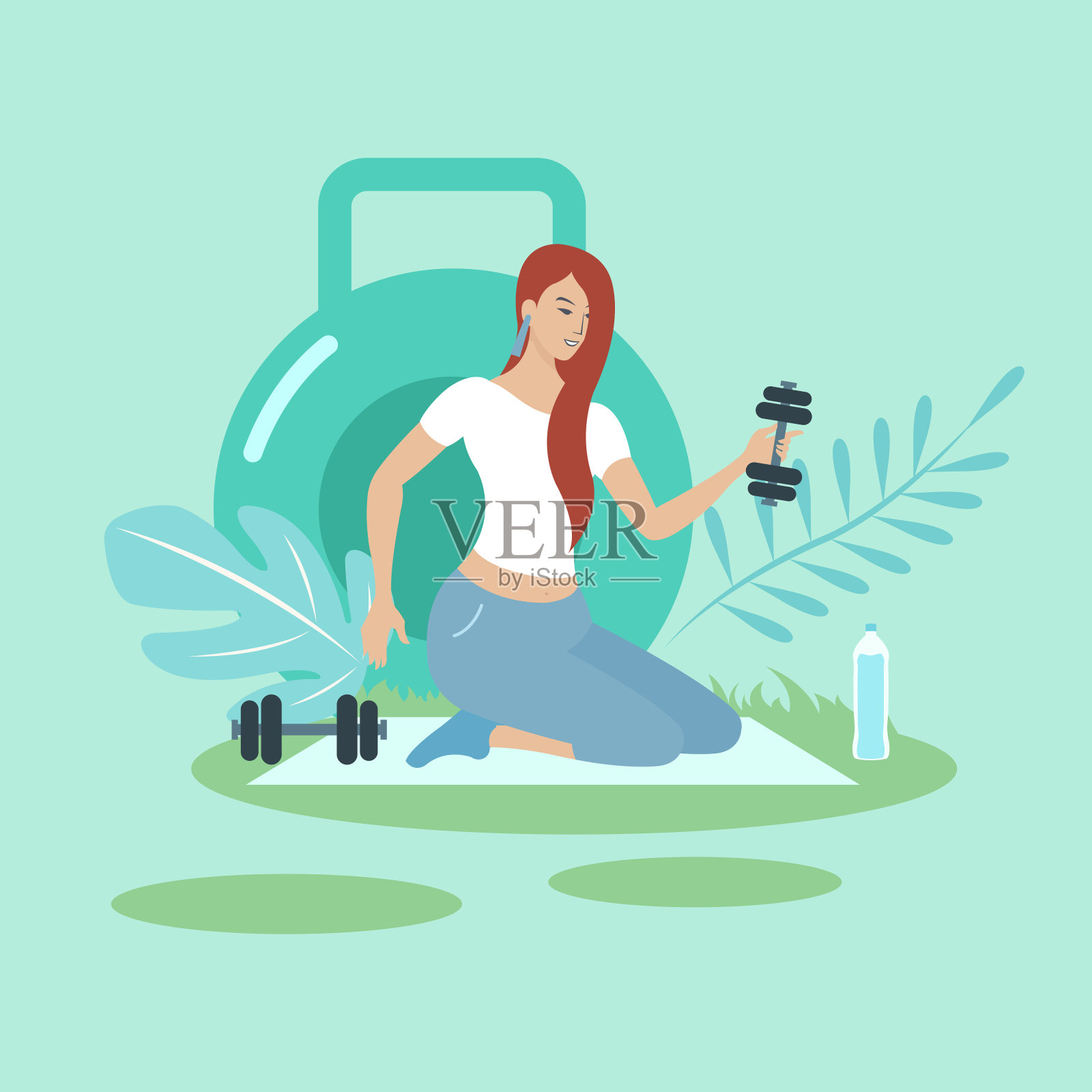 女子在大自然环绕的公园里负重锻炼。插画图片素材