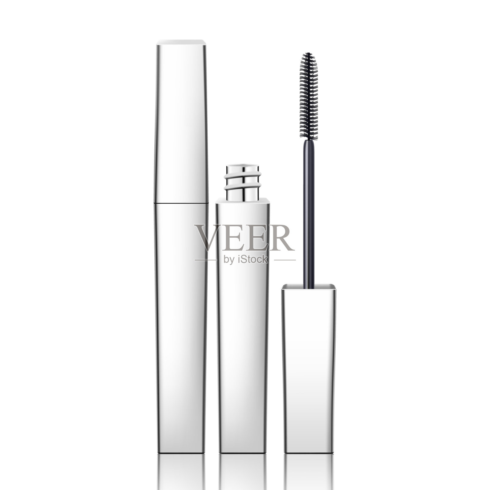银色睫毛膏管和睫毛棒涂抹器。化妆黑瓶带睫毛刷。孤立的白色背景。网页设计的现实矢量，横幅，海报，广告，广告。插画图片素材