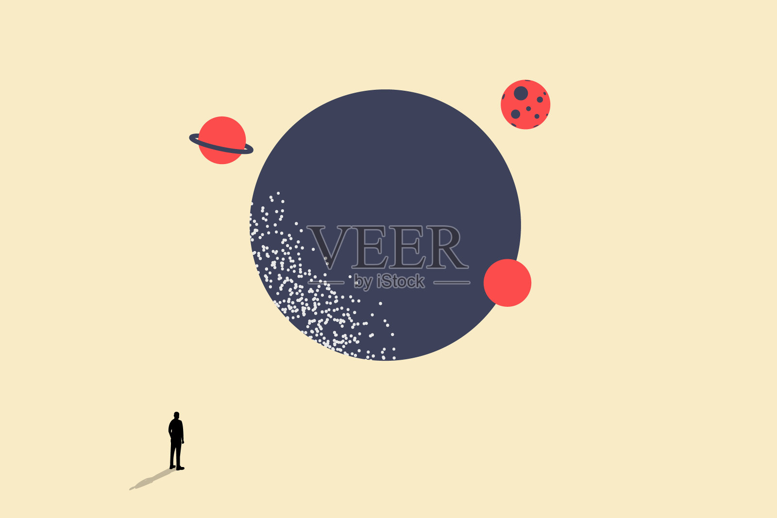 商人站着用行星轨道看太阳。未来的概念，事业的成就，伟大的梦想和机会插画图片素材