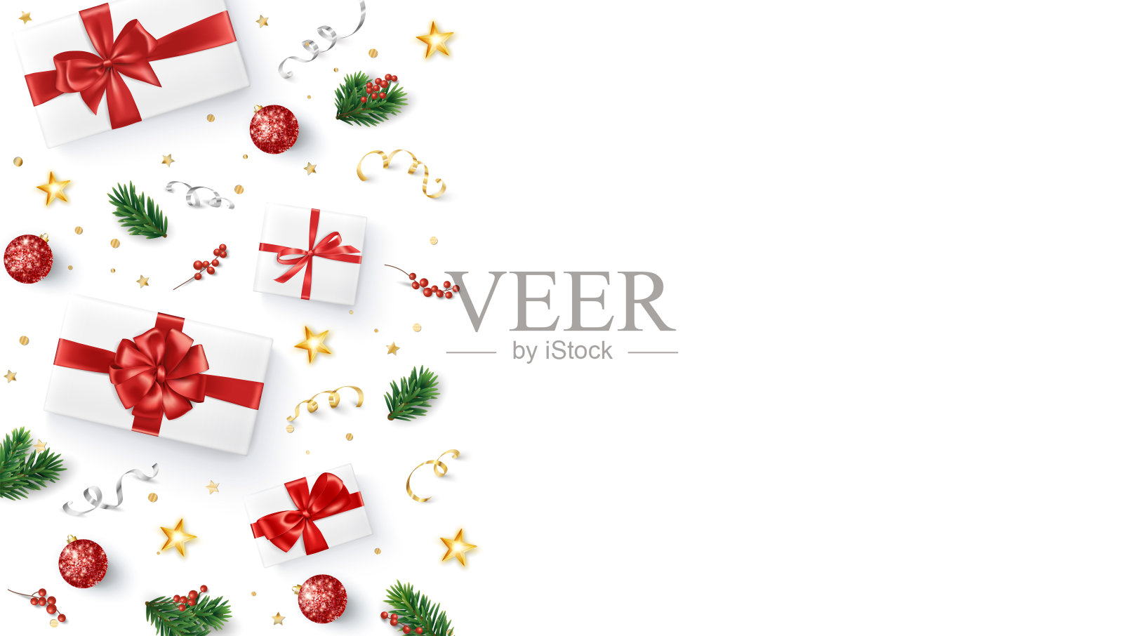 圣诞背景，边界。现实的矢量平面铺设。白色蝴蝶结上点缀着红色蝴蝶结。插画图片素材