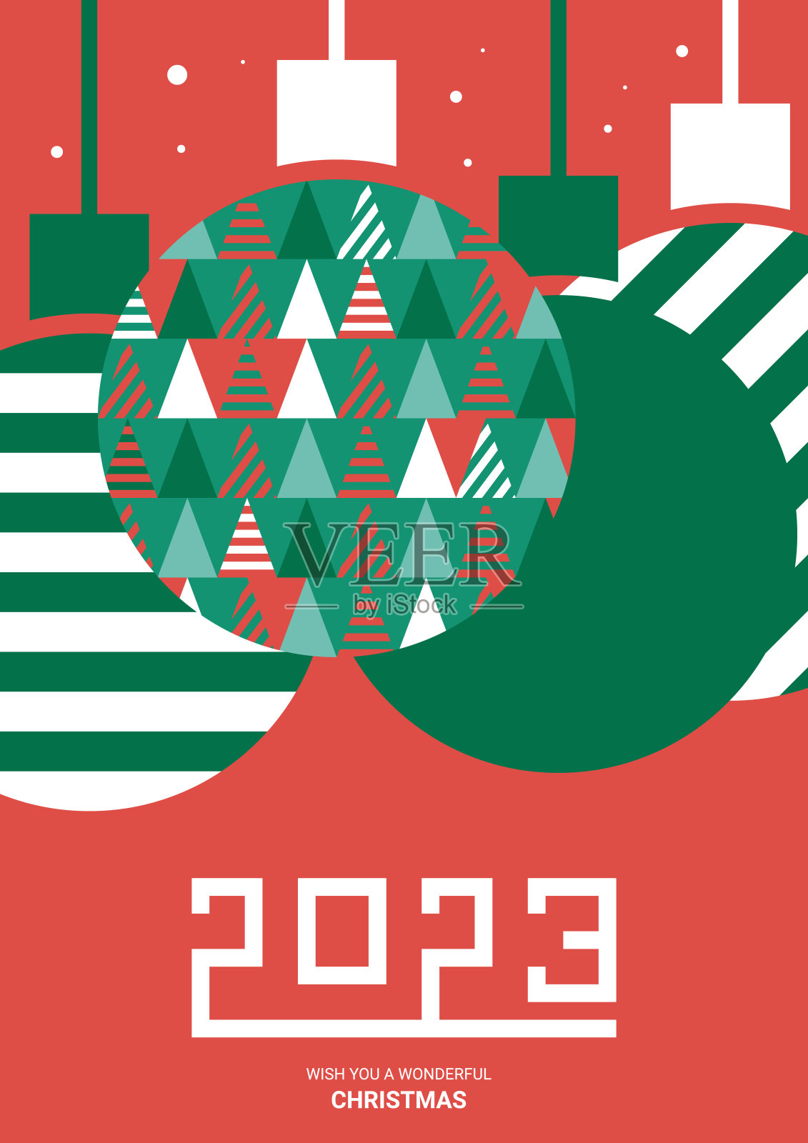 圣诞快乐，2023年新年快乐的贺卡，海报，节日封面。现代圣诞设计与三角形第一图案在绿色，红色，白色的颜色。圣诞树，装饰元素。插画图片素材