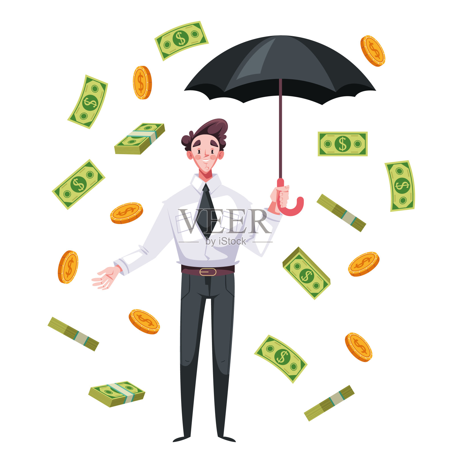 商人人物站在钱雨下打着伞。矢量平面设计插画元素插画图片素材