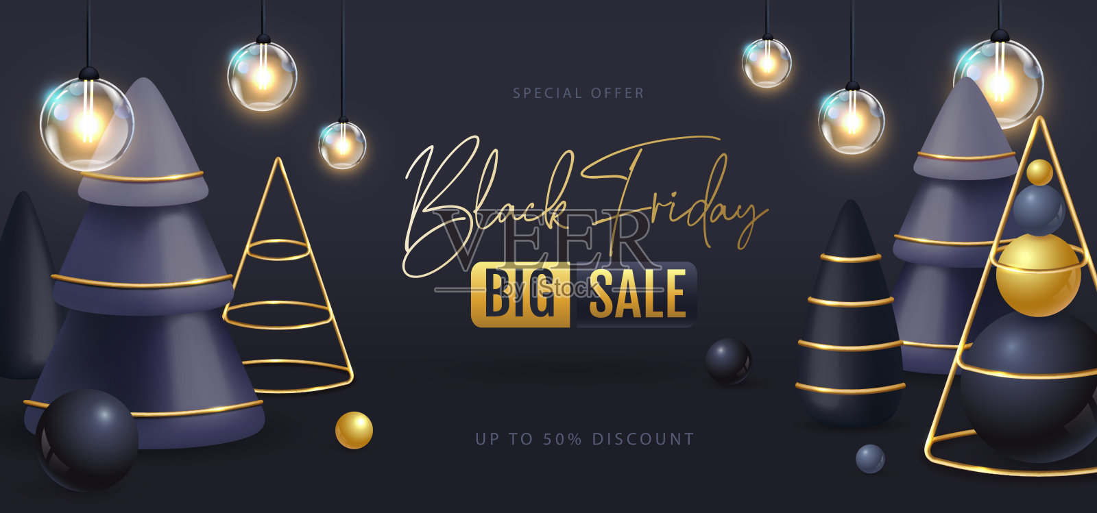 黑色星期五大减价海报，黑色塑料圣诞树和电灯。矢量图设计模板素材