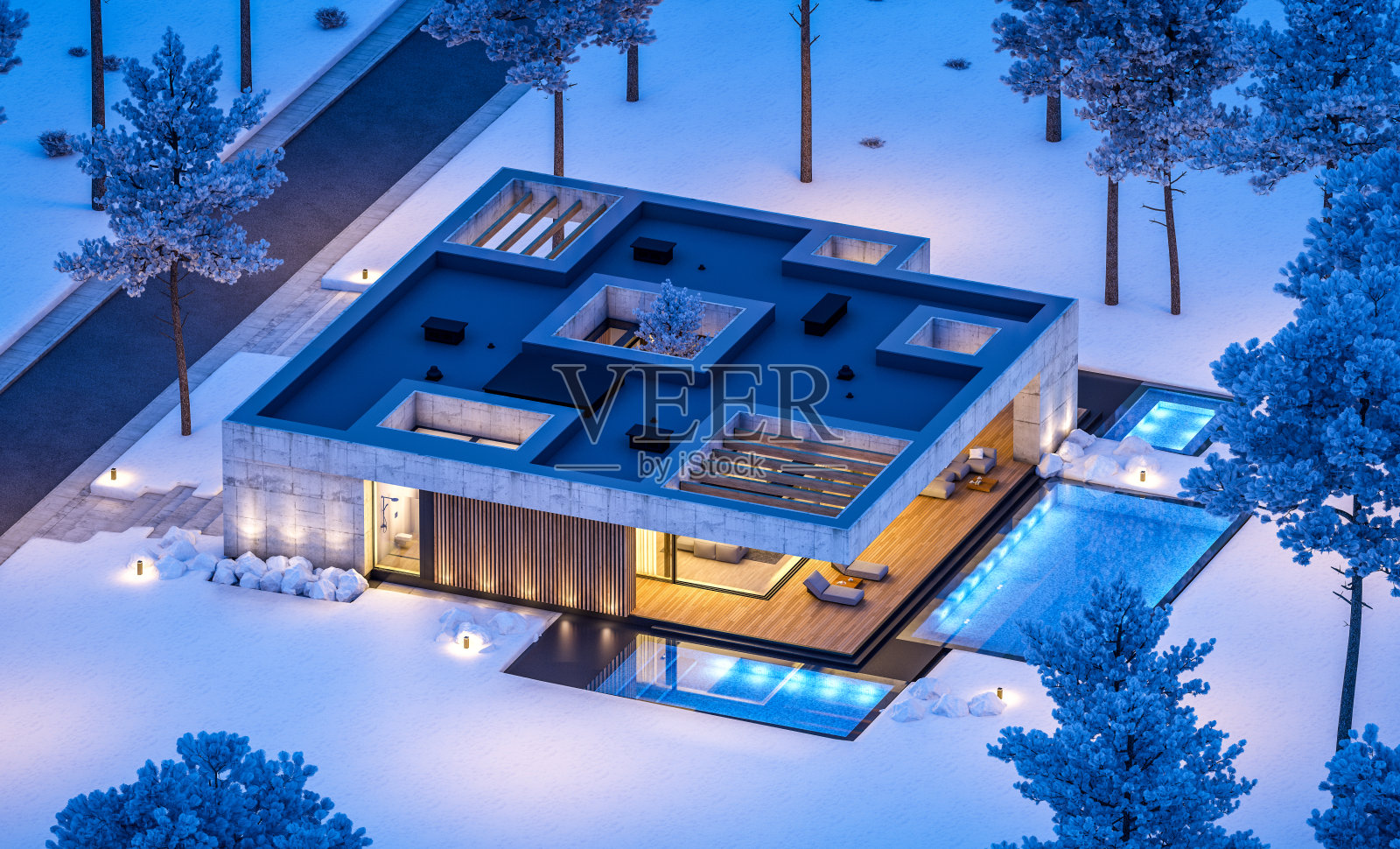 冬夜现代风格的新混凝土房屋三维效果图照片摄影图片