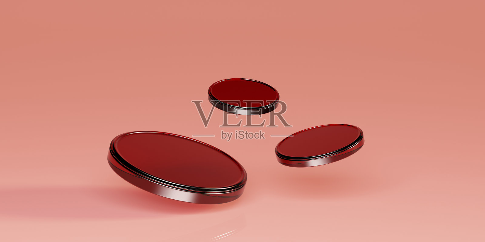 三个红色玻璃平台漂浮在空中。产品展示底座。三维渲染照片摄影图片