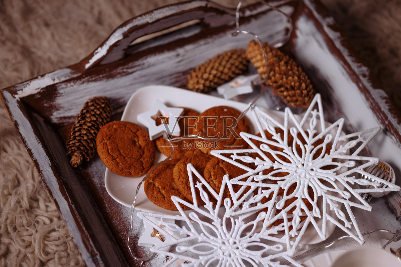 美味的圣诞饼干放在托盘上照片摄影图片