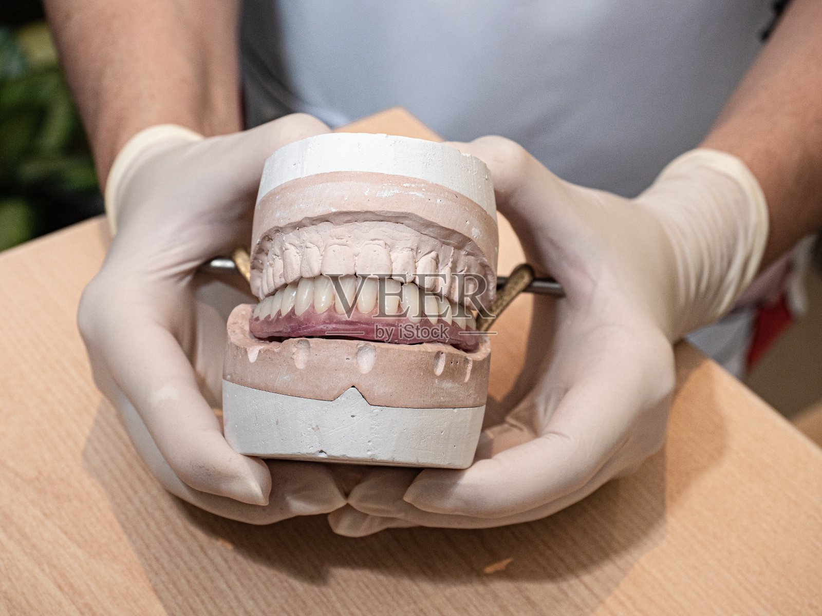 一个戴着外科手套的牙医拿着一个牙科模型的特写镜头照片摄影图片