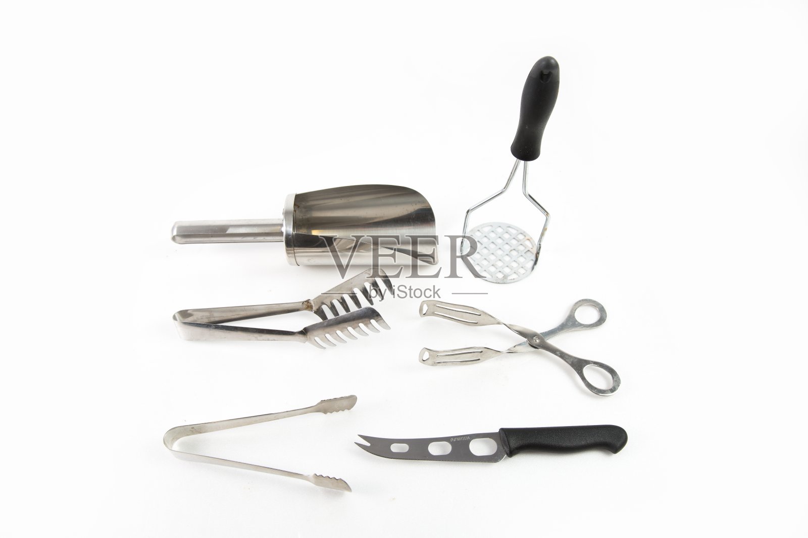 厨房用具在白色背景上的高角度拍摄照片摄影图片