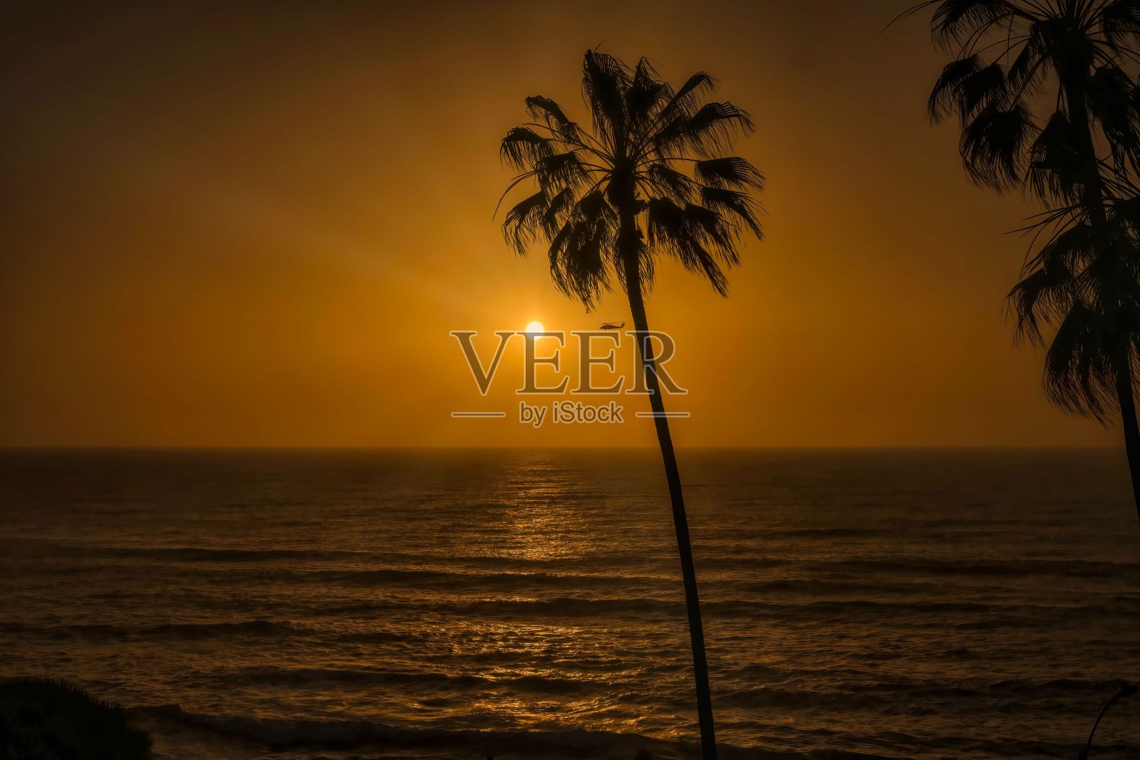 落日与美丽的阳光和棕榈树，直升机从太平洋上空飞过照片摄影图片