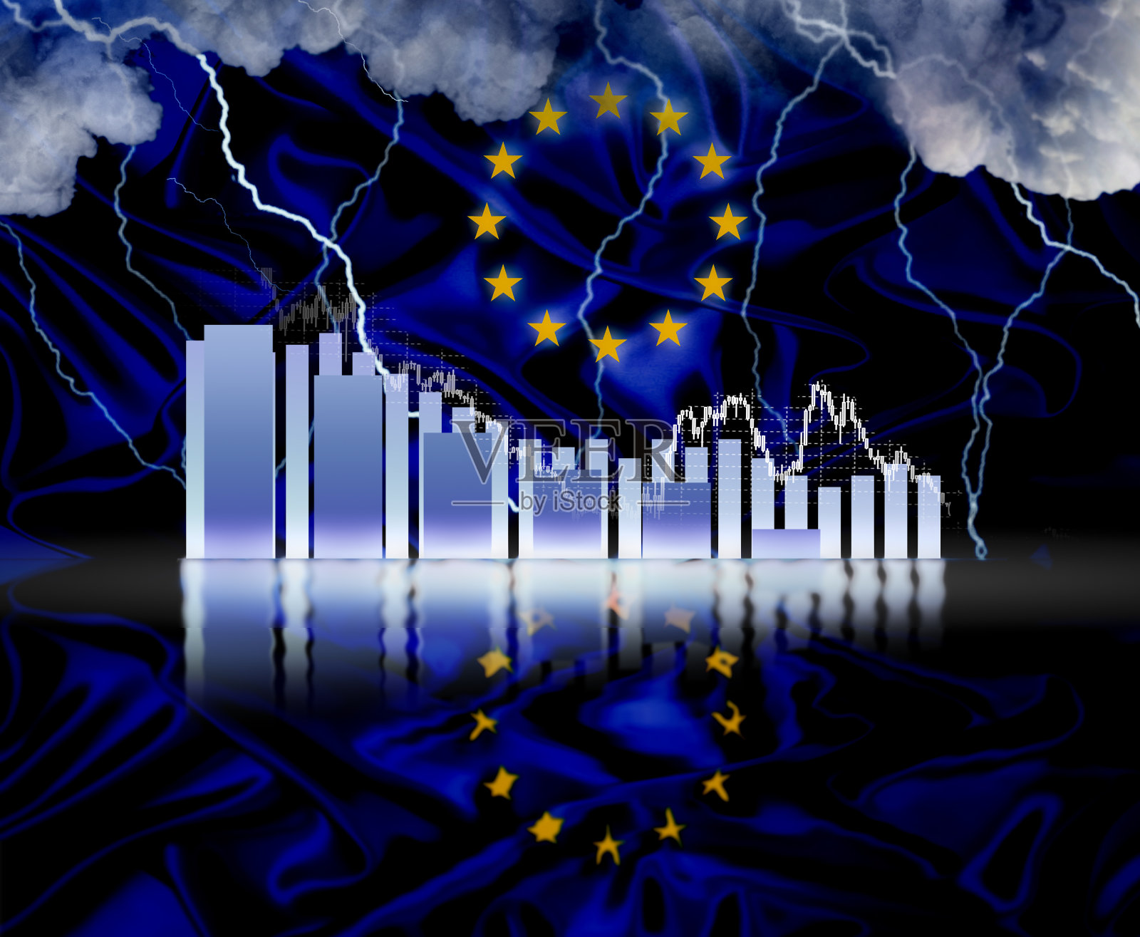 欧盟危机。欧盟旗帜背景的信息图。股市下跌的概念。照片摄影图片
