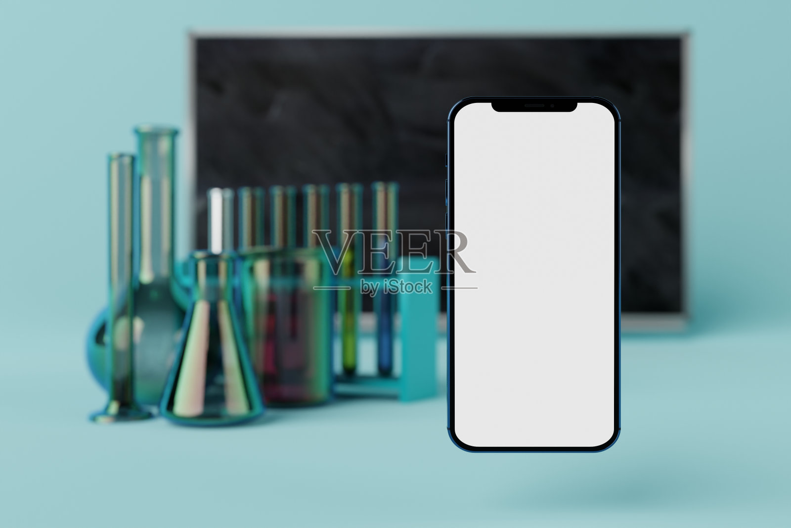 背景白色显示器的电话实验室玻璃器皿。照片摄影图片