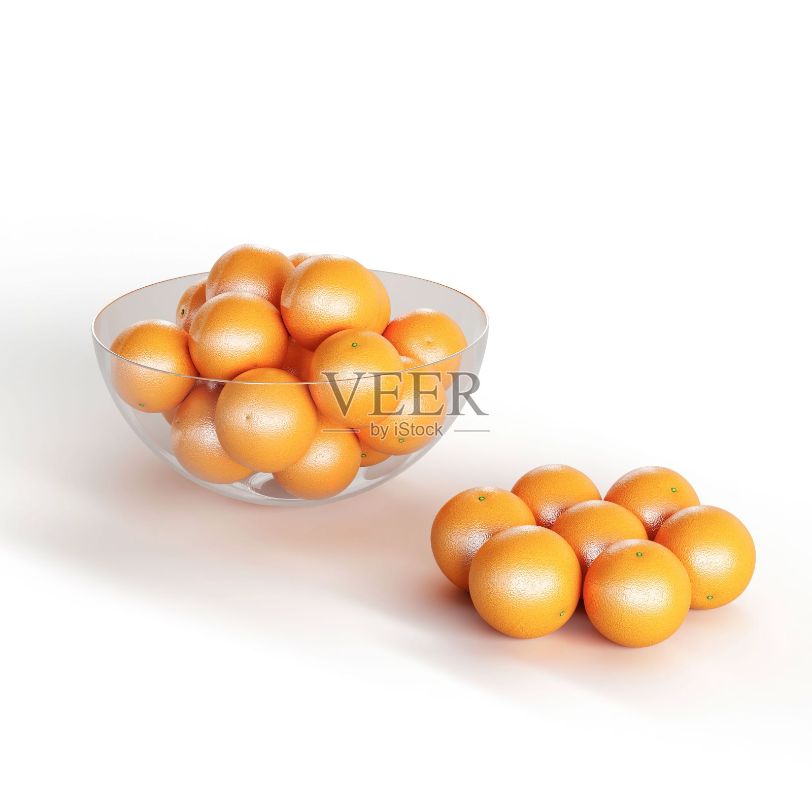 三维渲染的玻璃碗装满橘子旁边的一堆橘子孤立的白色背景照片摄影图片