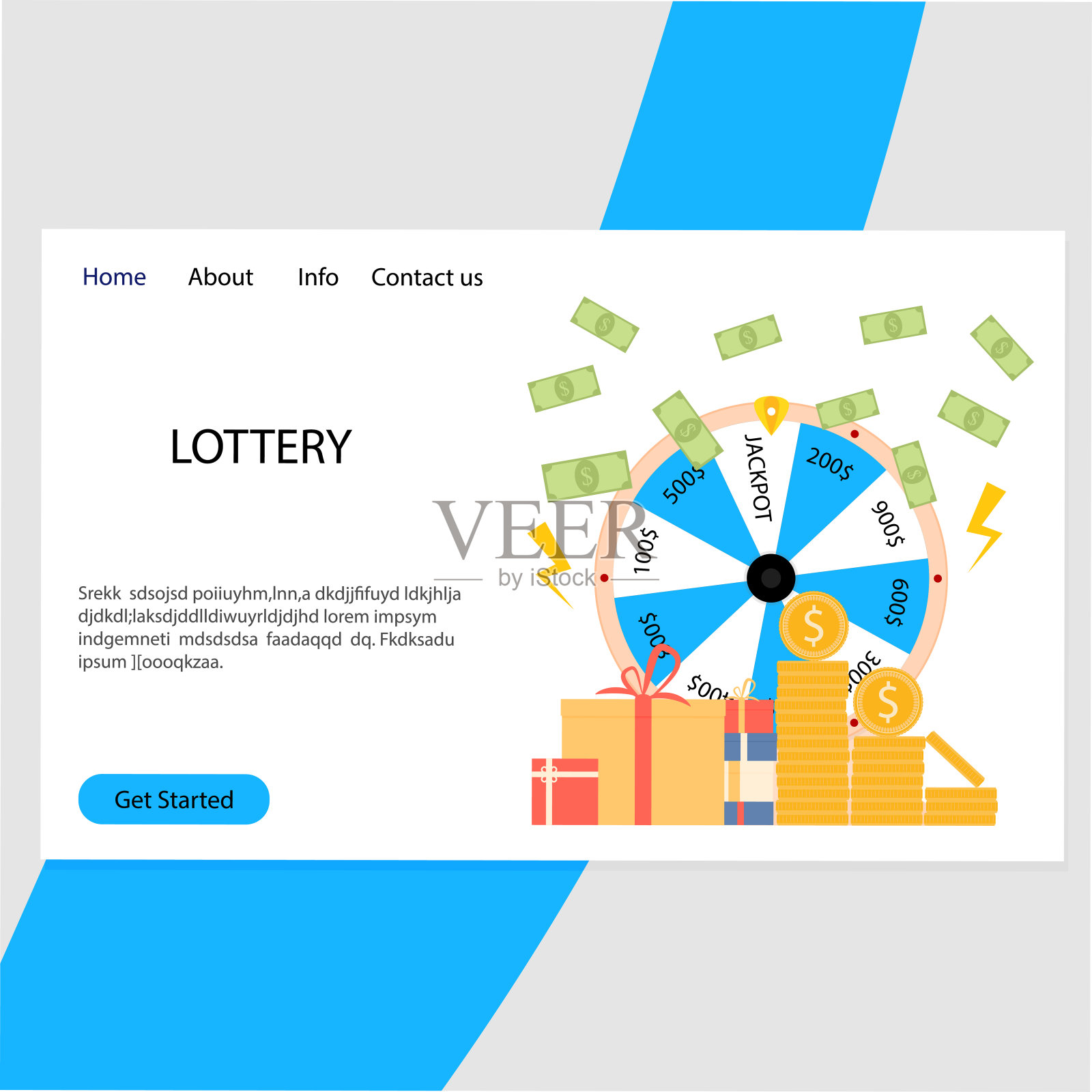 彩票登陆页面，赢得很多钱和奖品插画图片素材