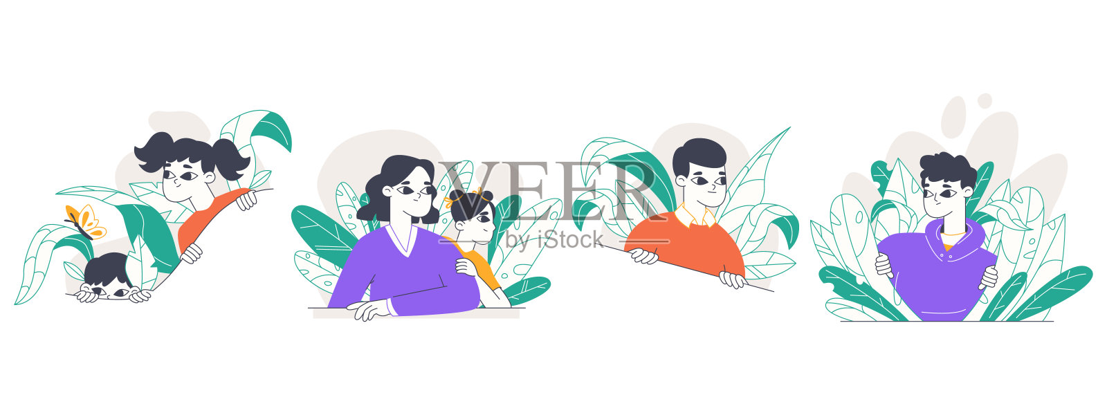 监视，偷窥，好奇的搜寻人物。男人和女人偷偷地从灌木丛中向外张望，寻找观察的人孤立的平面矢量插图在白色的背景插画图片素材