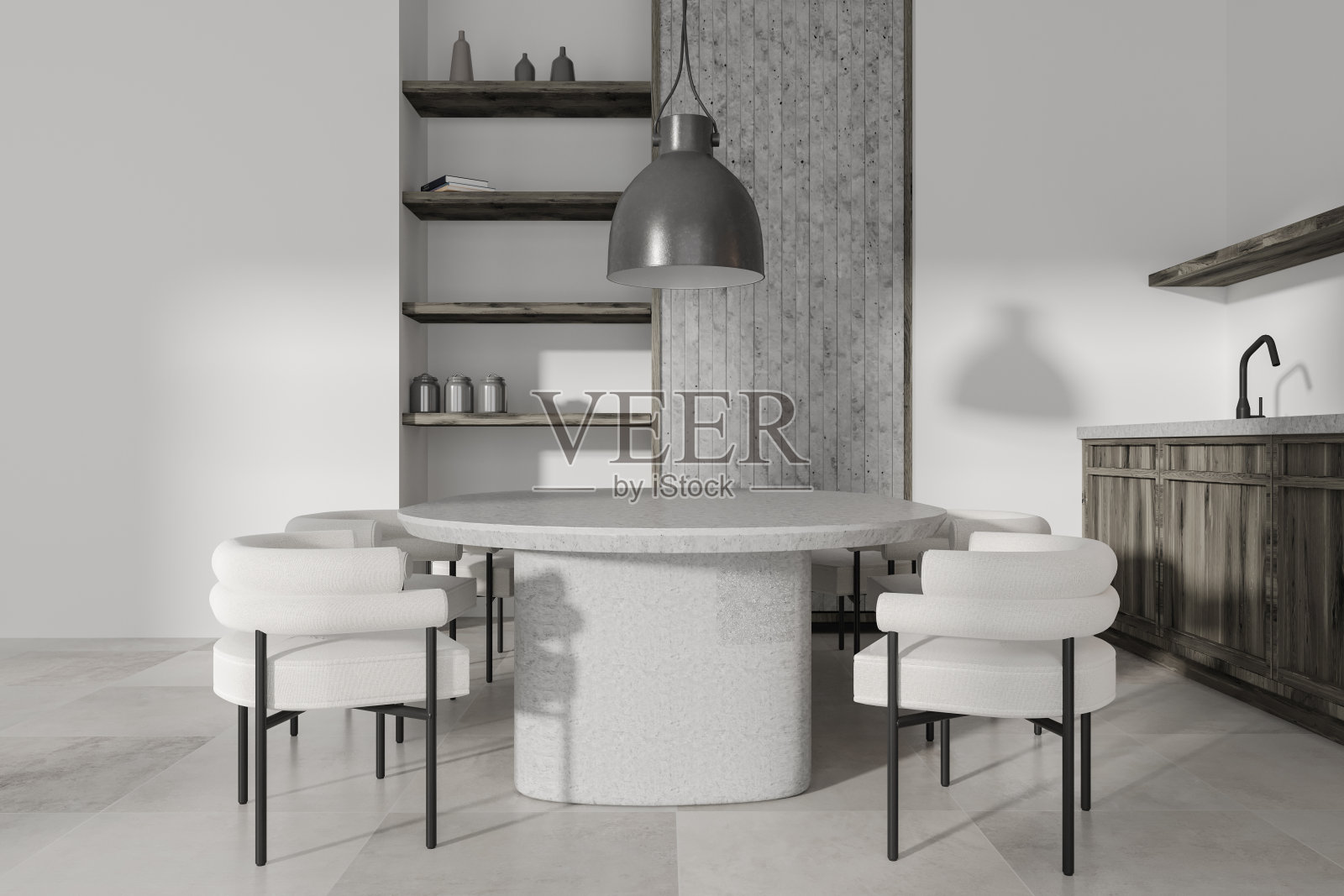 时尚的厨房内部与用餐和烹饪区，架子与装饰照片摄影图片