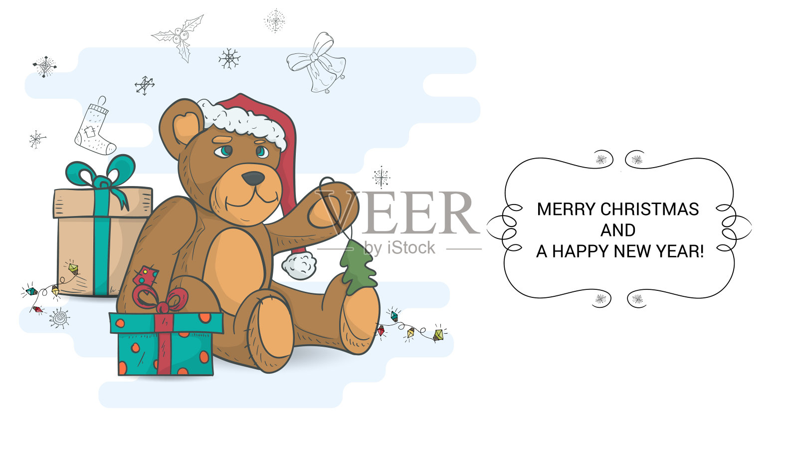 一个泰迪熊玩具，它的爪子上有一棵圣诞树坐在礼物中间插画图片素材