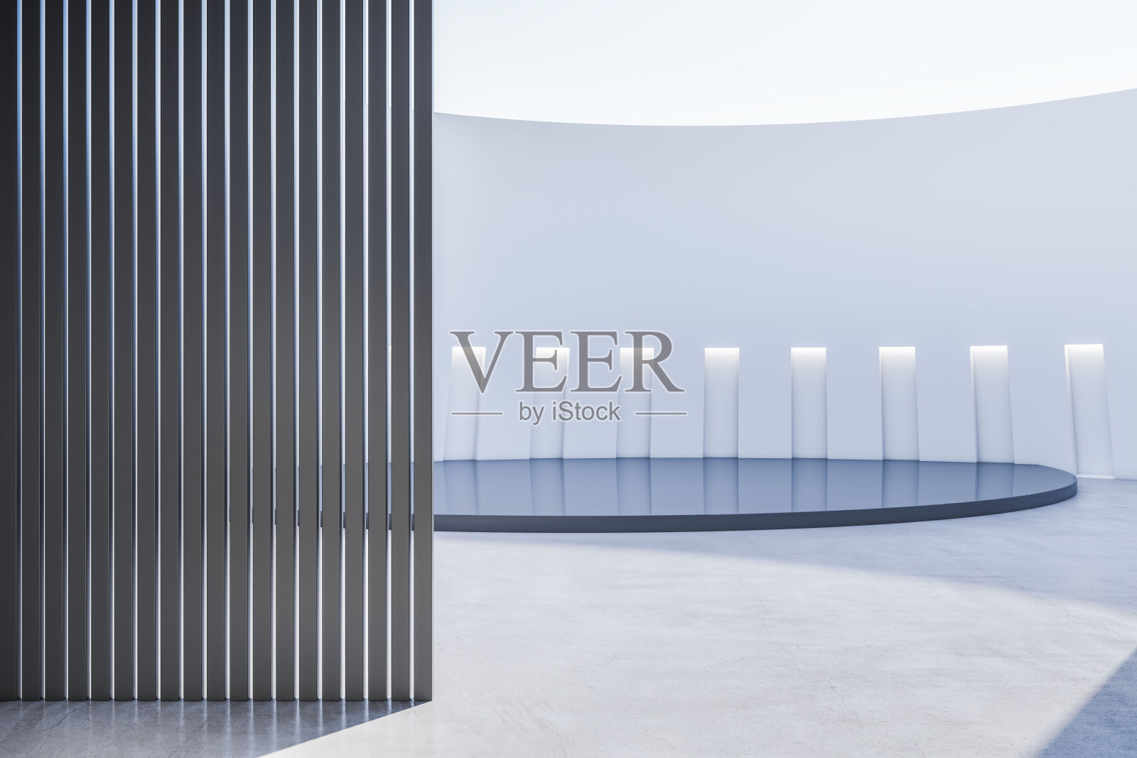 当代宽敞的画廊内部与反射和细节。展厅和设计概念。3 d渲染。照片摄影图片