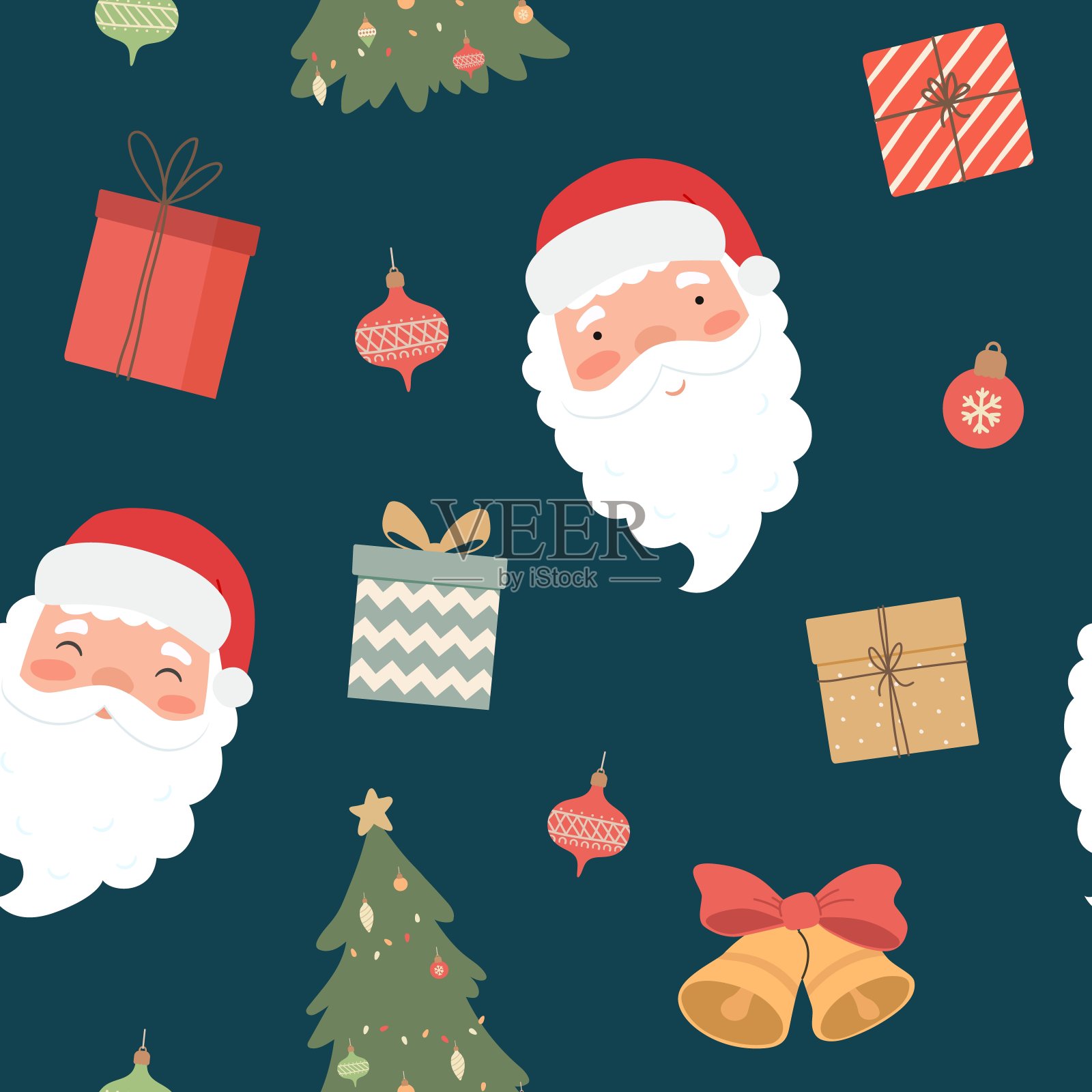 圣诞无缝图案有圣诞老人、小鹿、铃铛、礼品盒。包装纸，纺织品，贺卡。矢量图插画图片素材