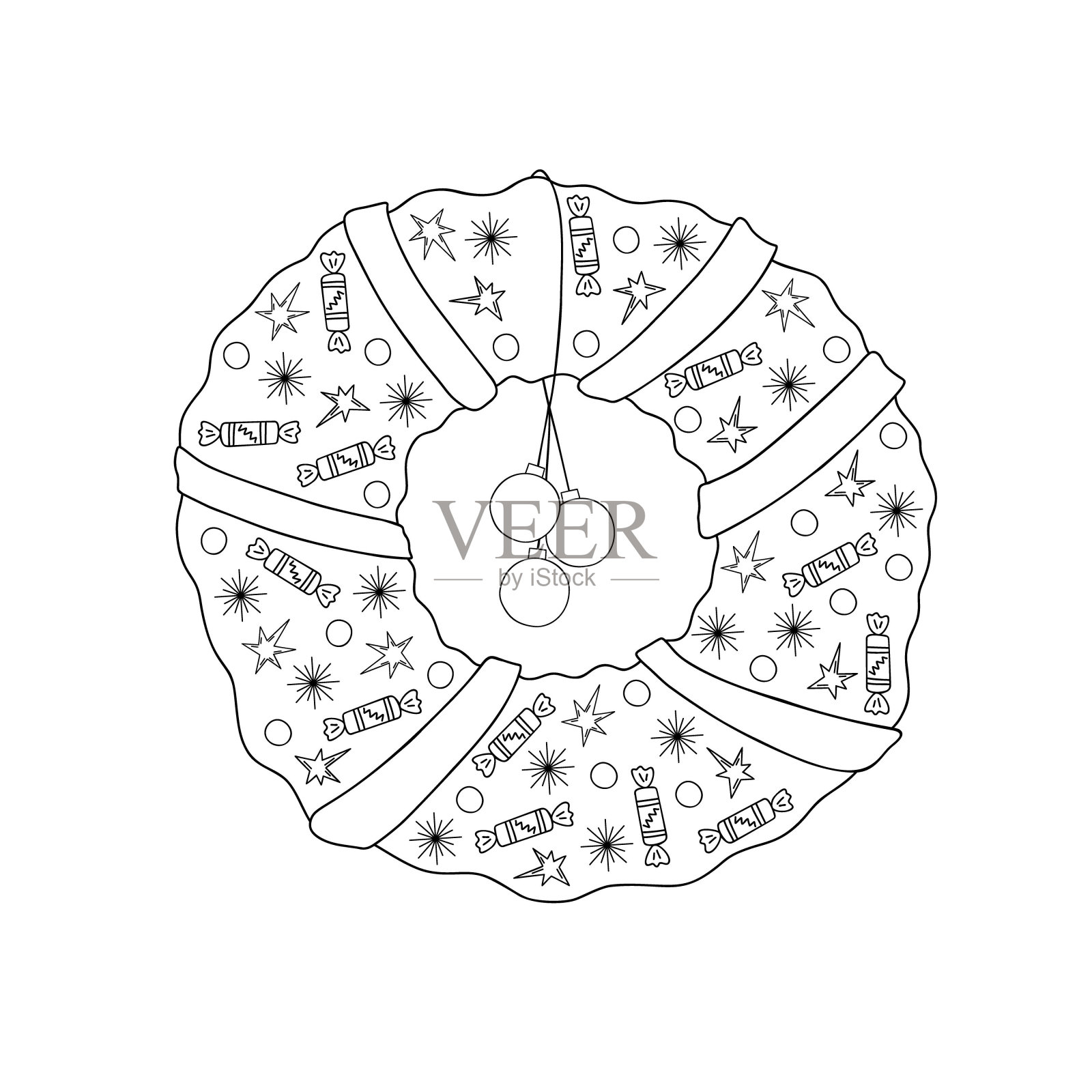 圣诞装饰节日花环星星，糖果，雪花，彩带涂鸦轮廓矢量插画，节日庆祝花环为贺卡，海报，家庭装饰传统的季节性元素插画图片素材