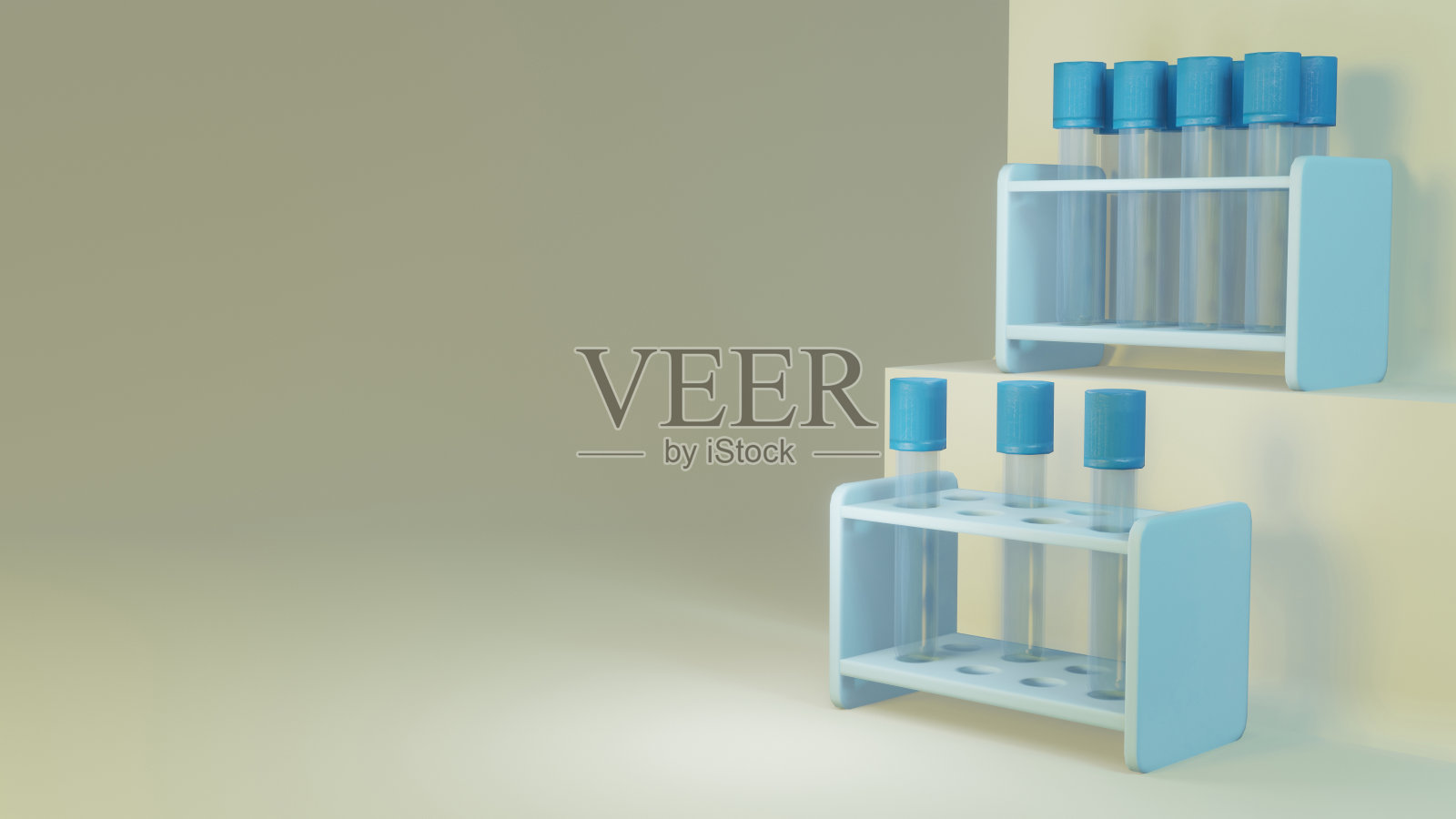 用医用烧瓶和试管进行3D渲染。分析、实验室和医学研究主题的设计概念说明。医学文本的背景。照片摄影图片