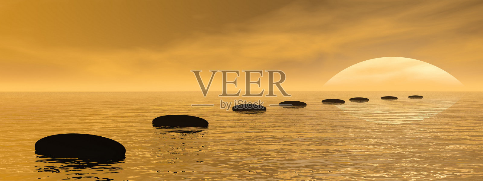 黑色石头的禅宗路径日落- 3D渲染照片摄影图片