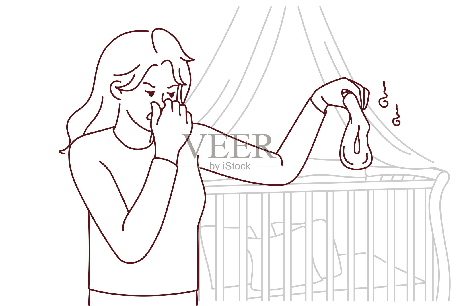 不开心的妈妈抱着发臭的尿布插画图片素材