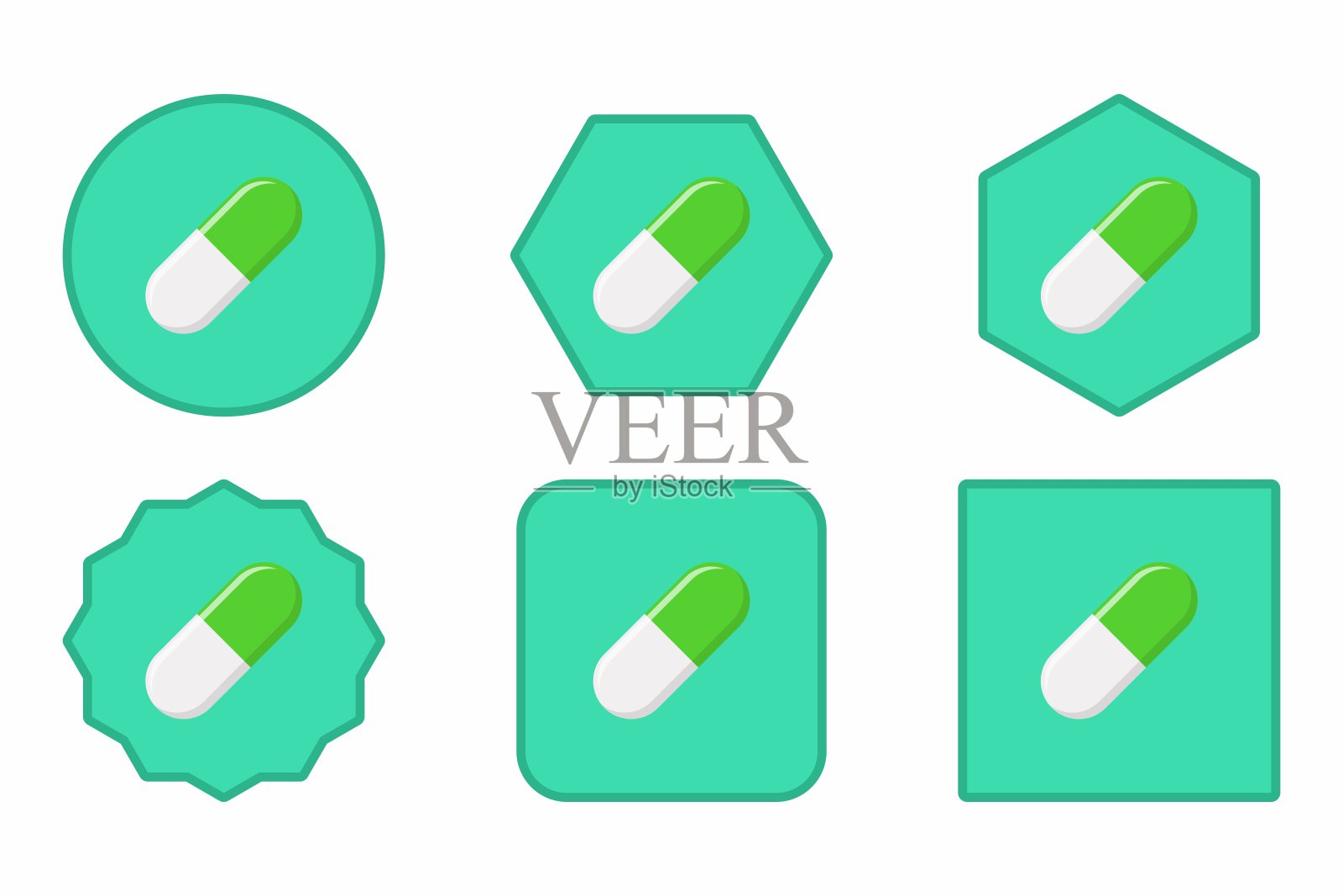 绿色药丸胶囊，药物，矢量标记符号绿色风格。药丸胶囊图标集。图标素材