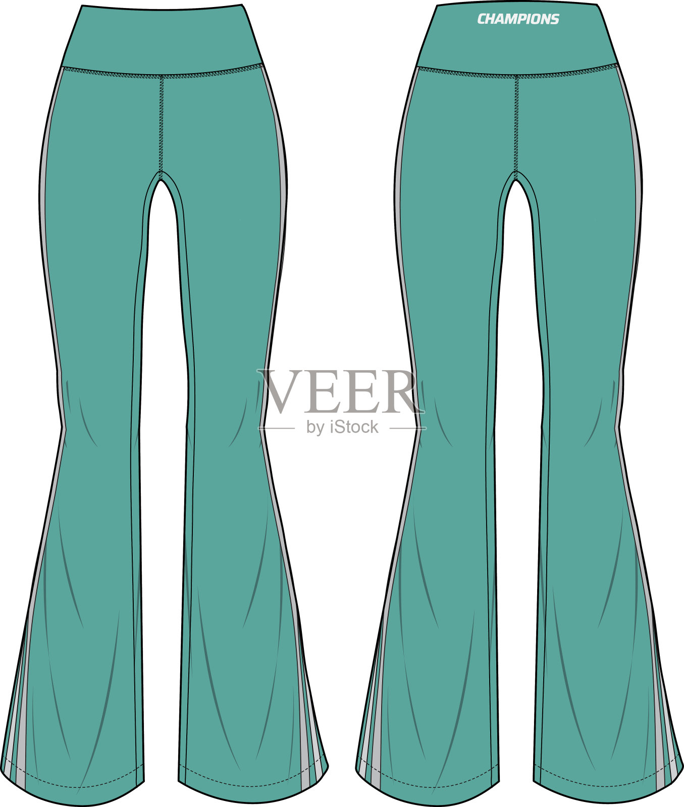 女性靴切flare tights打底裤瑜伽裤设计平面草图矢量插图，压缩裤概念与前和后视图，紧身衣慢跑，健身，和积极穿裤设计。设计元素图片