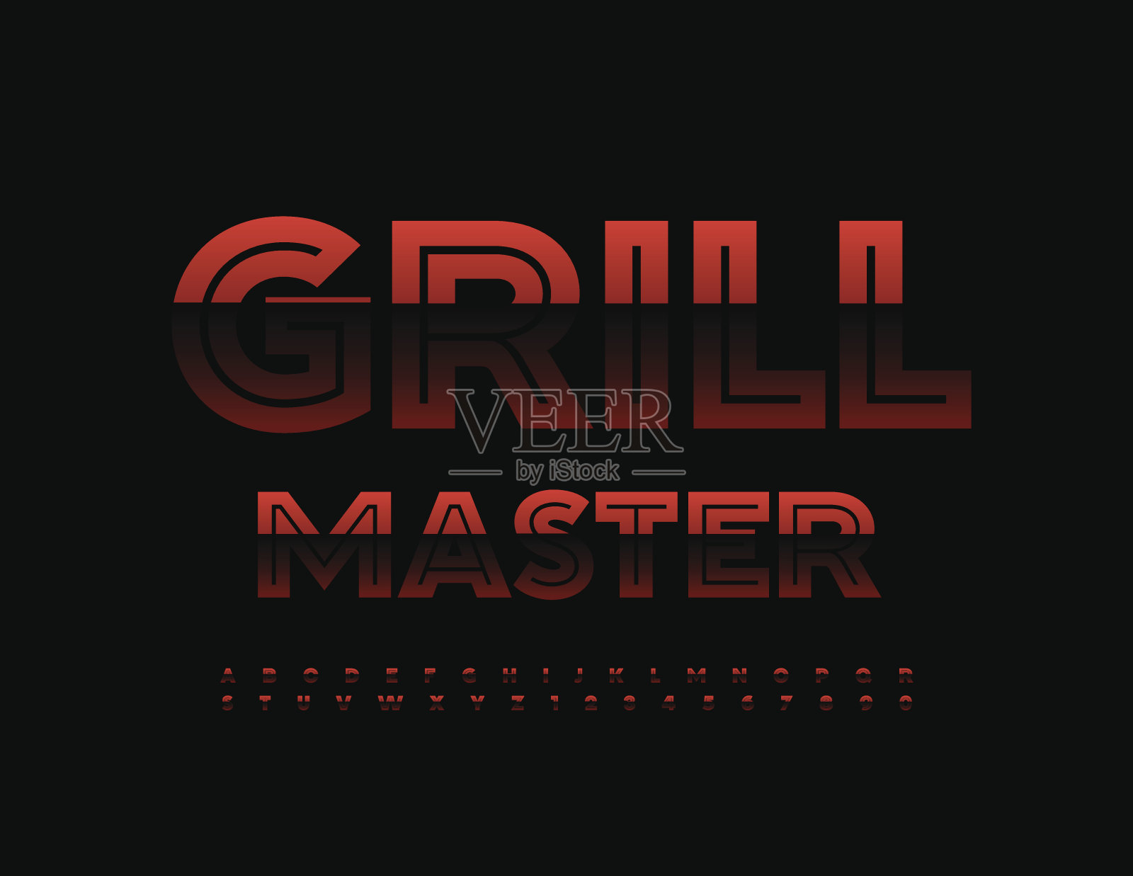矢量明亮横幅烧烤大师与暗红色字母和数字设置插画图片素材