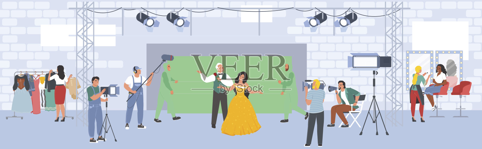 电影摄制组拍摄浪漫的童话电影向量插画图片素材