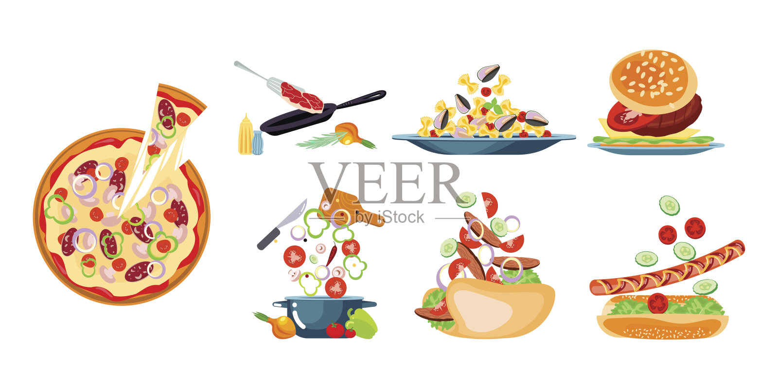 一套主要菜肴和零食孤立在白色插画图片素材