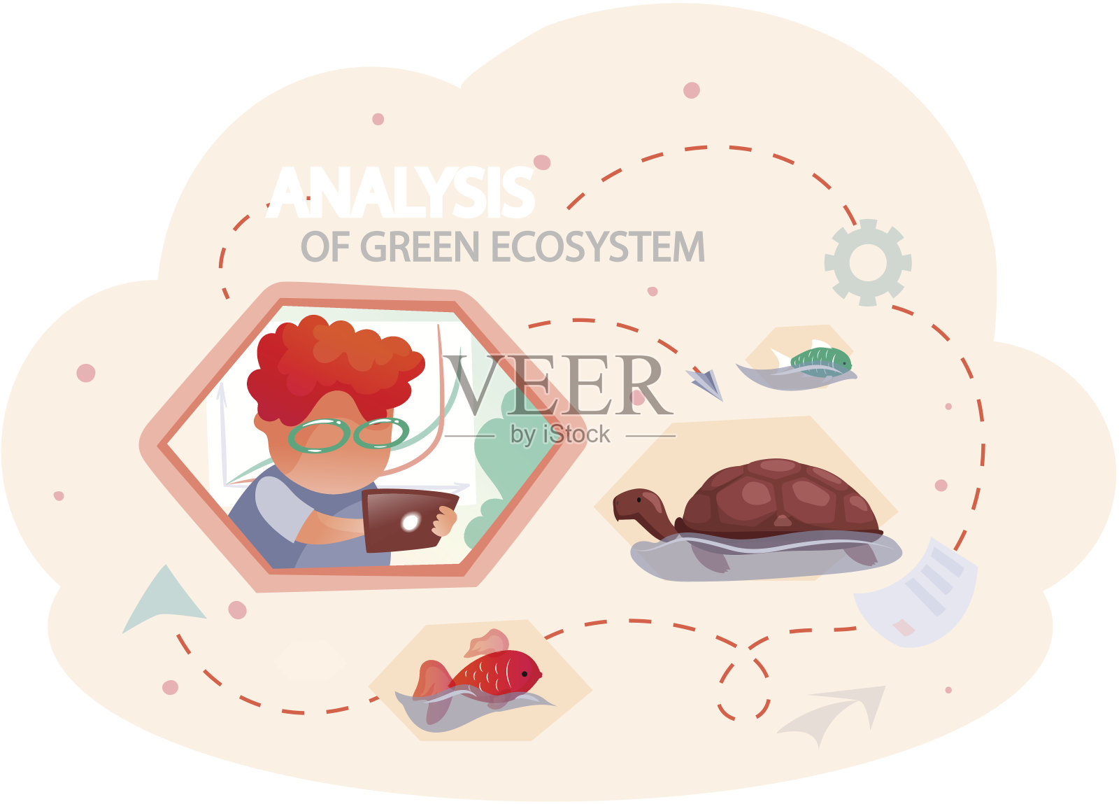 人类分析地球的绿色生态系统。盖伊研究地球上的爬行动物和鱼类插画图片素材