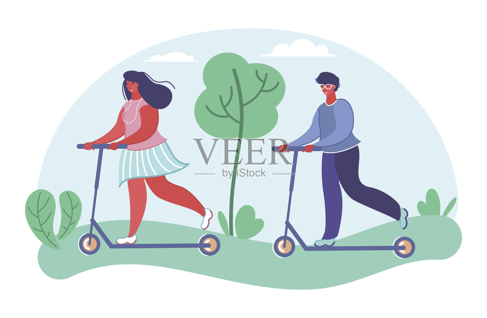 青年人物骑踏板车平矢量插画图片素材