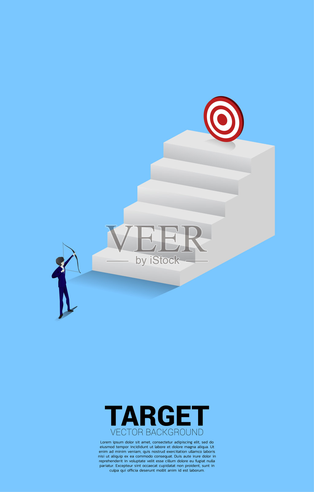 西装革履的商人把箭射向台阶上的靶子。营销目标和客户的经营理念。设计元素图片