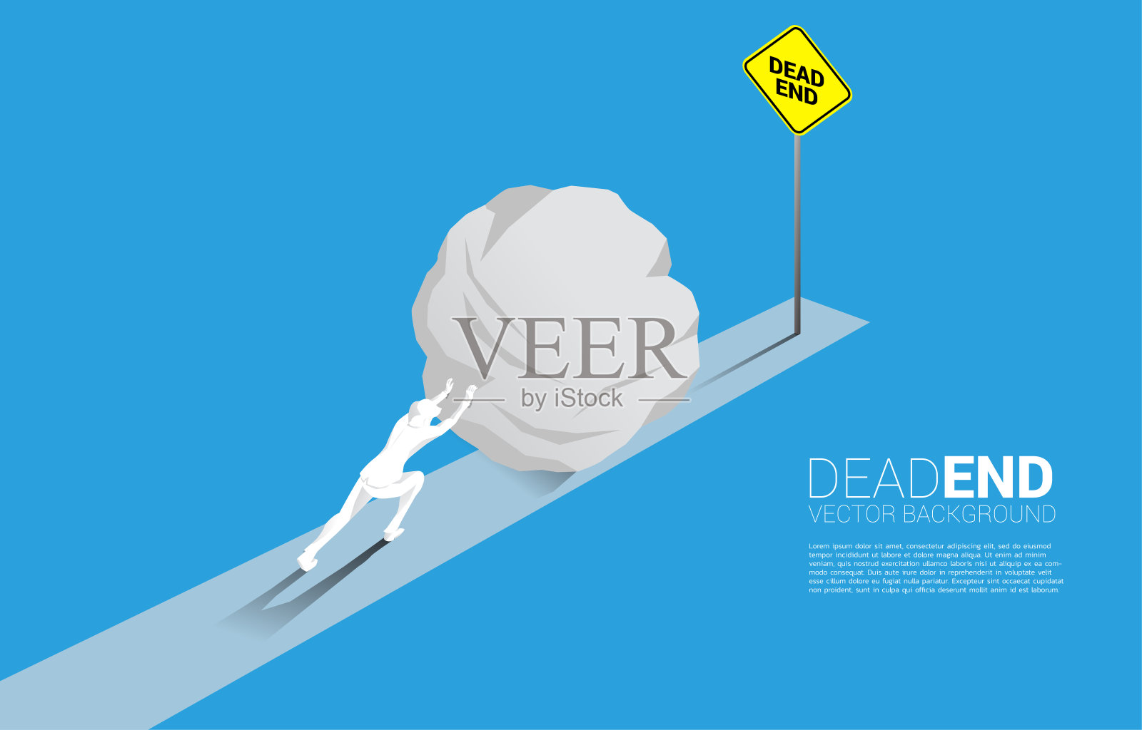 商人的剪影推着石头到路的尽头与死角标志。商业上的错误决定或职业道路的终结。插画图片素材