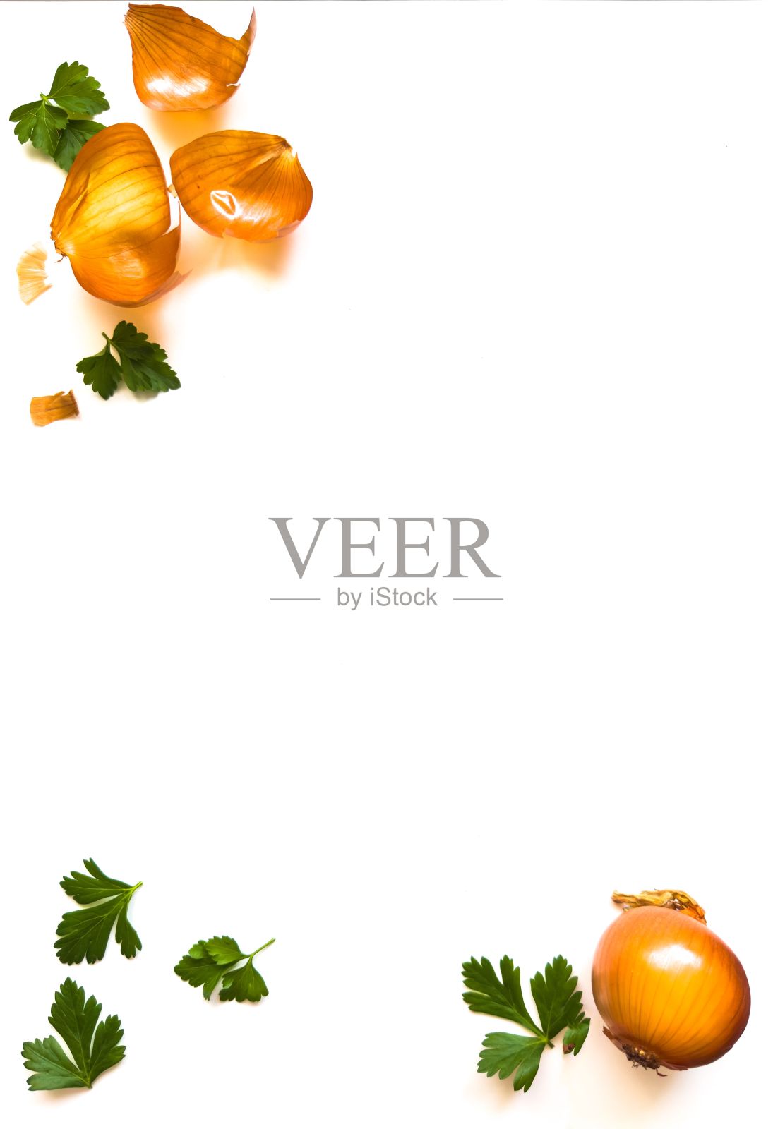 欧芹叶和洋葱皮在白色背景与复制空间照片摄影图片