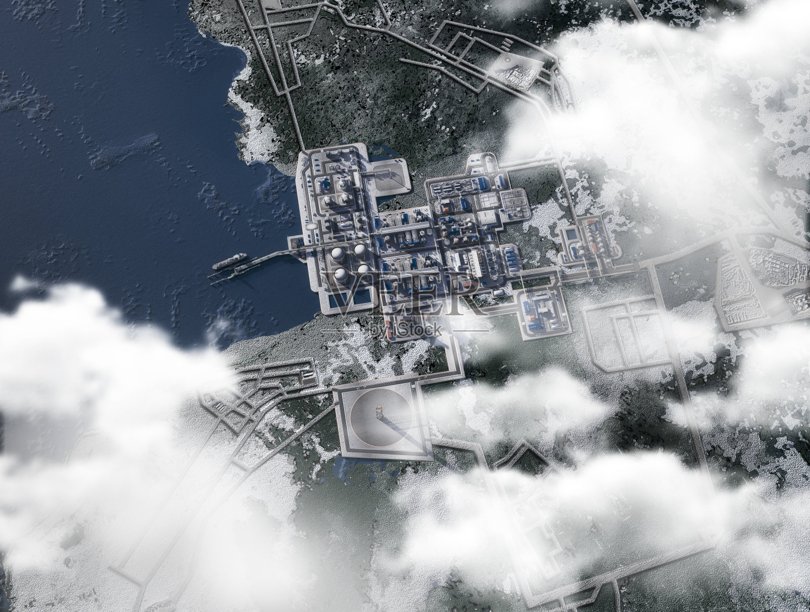 有液化天然气工厂的海港。3 d渲染照片摄影图片