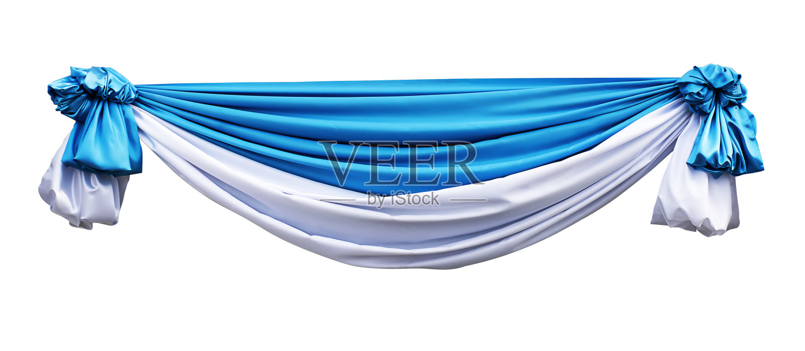 剧院舞台上的室内表演活动的蓝白窗帘，隔离在白色背景上，带有裁剪路径照片摄影图片