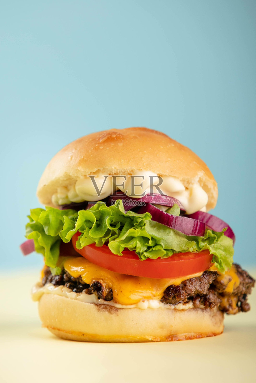 一个汉堡包在孤立的彩色背景上的垂直镜头照片摄影图片
