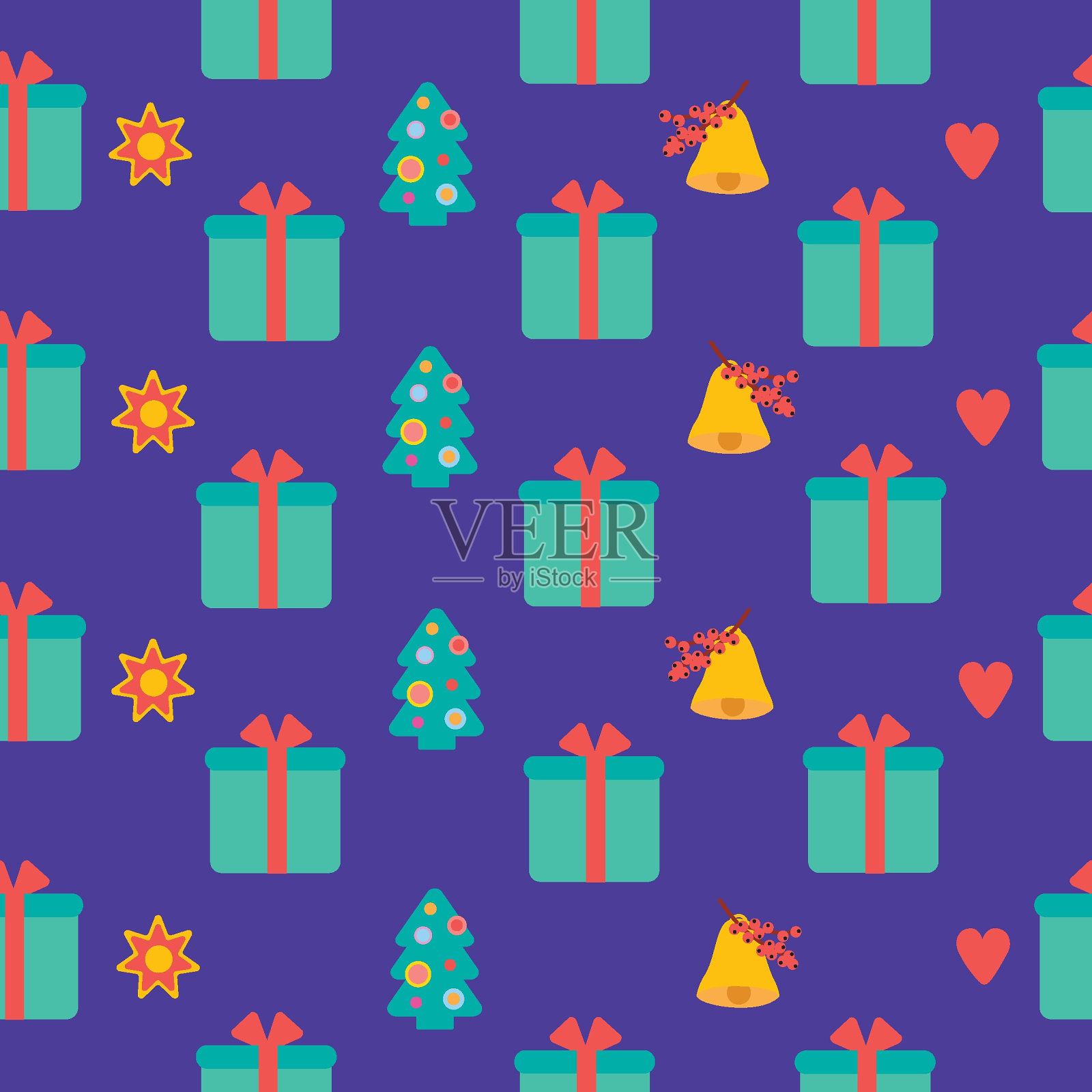 礼品盒上紫色背景无缝图案。色彩缤纷的圣诞背景。插画图片素材
