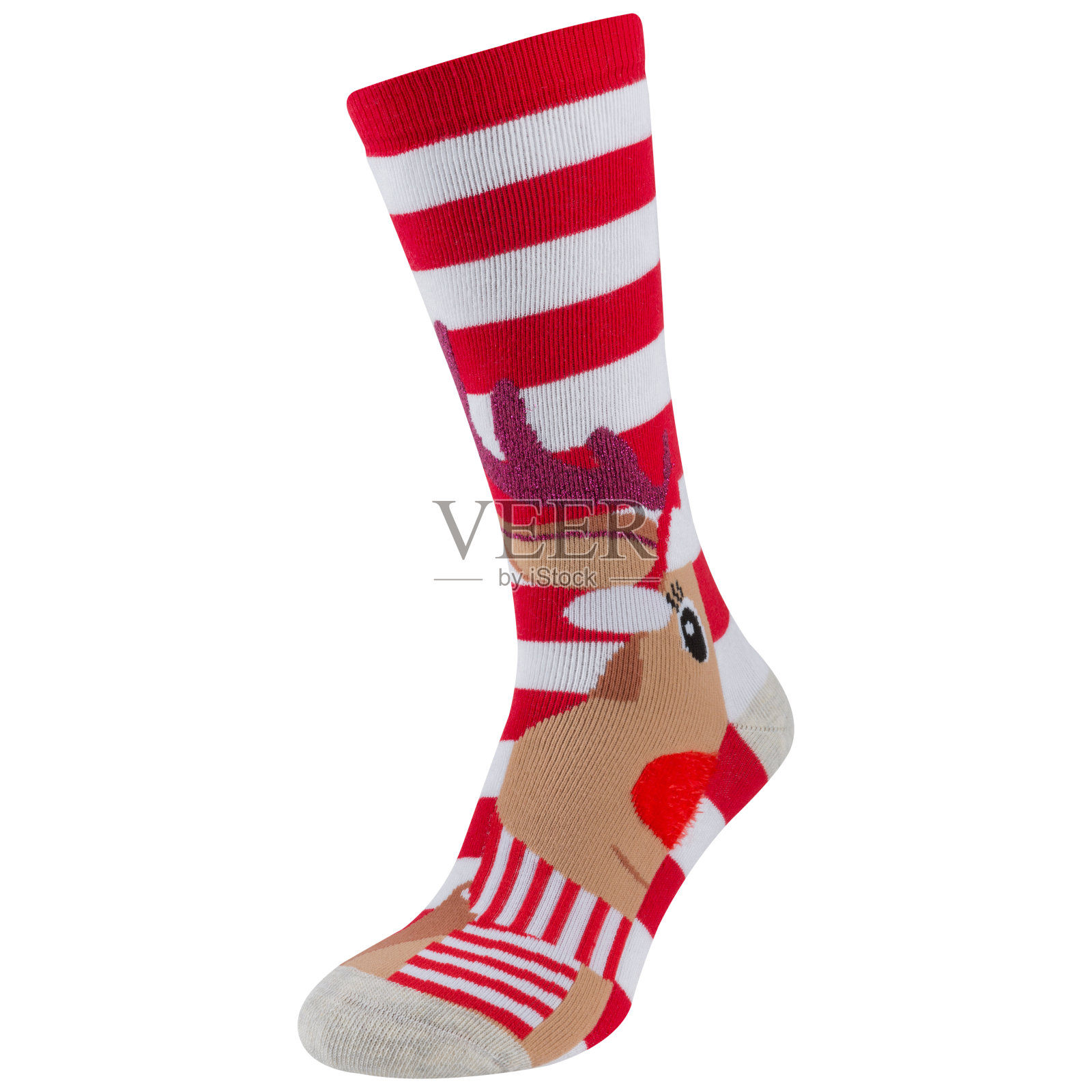 长圣诞袜还是驼鹿贴花条纹袜?，以白色为背景照片摄影图片
