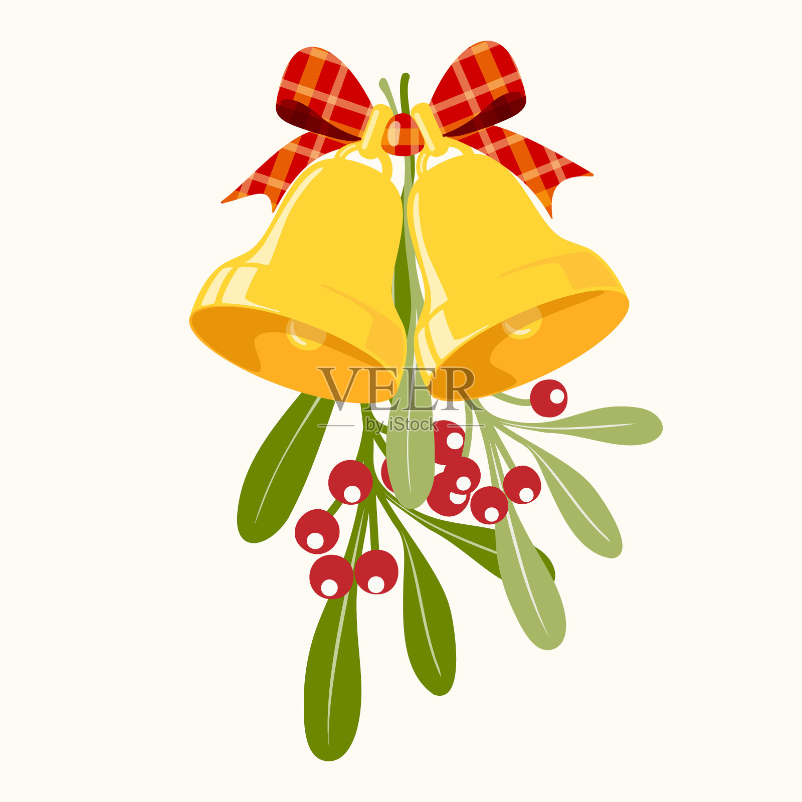 圣诞铃铛的剪接艺术与槲寄生的树枝，叶子和红色浆果。设计元素图片