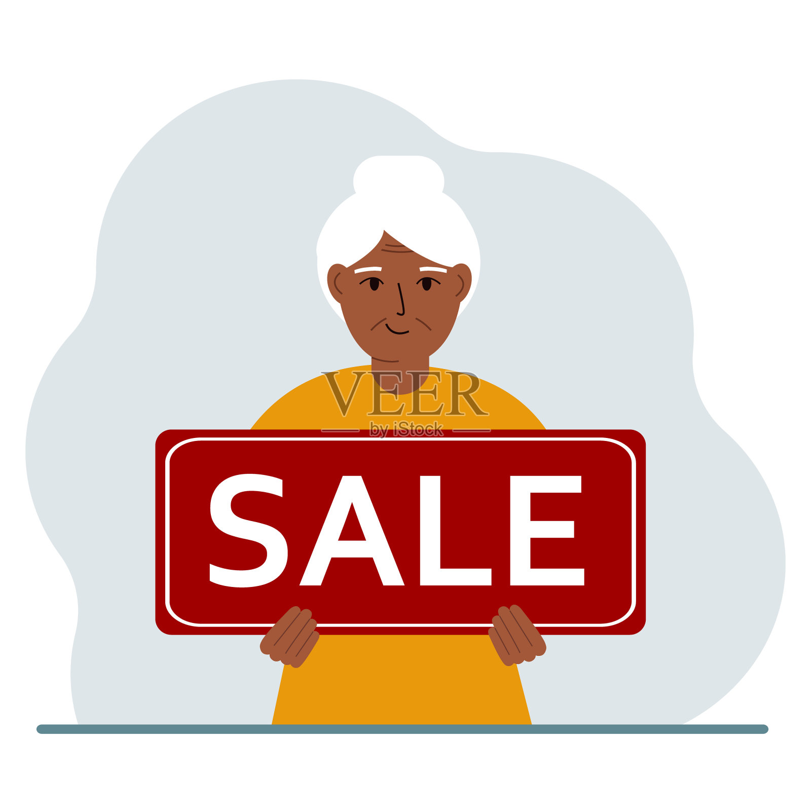 一位妇女手里拿着一个大牌子，上面写着SALE。插画图片素材
