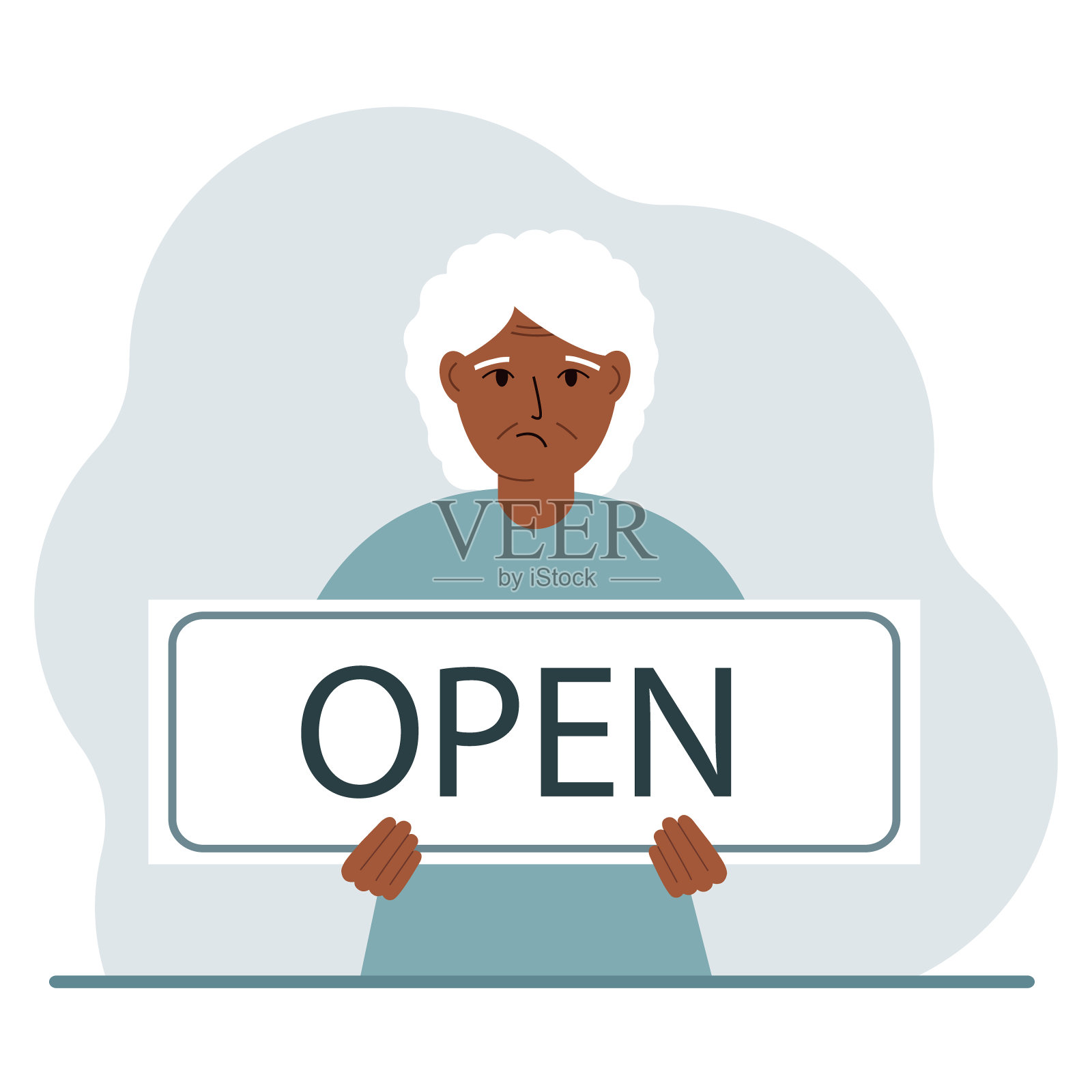 一个女人手里拿着一块写着“OPEN”的黑板。广告海报。插画图片素材